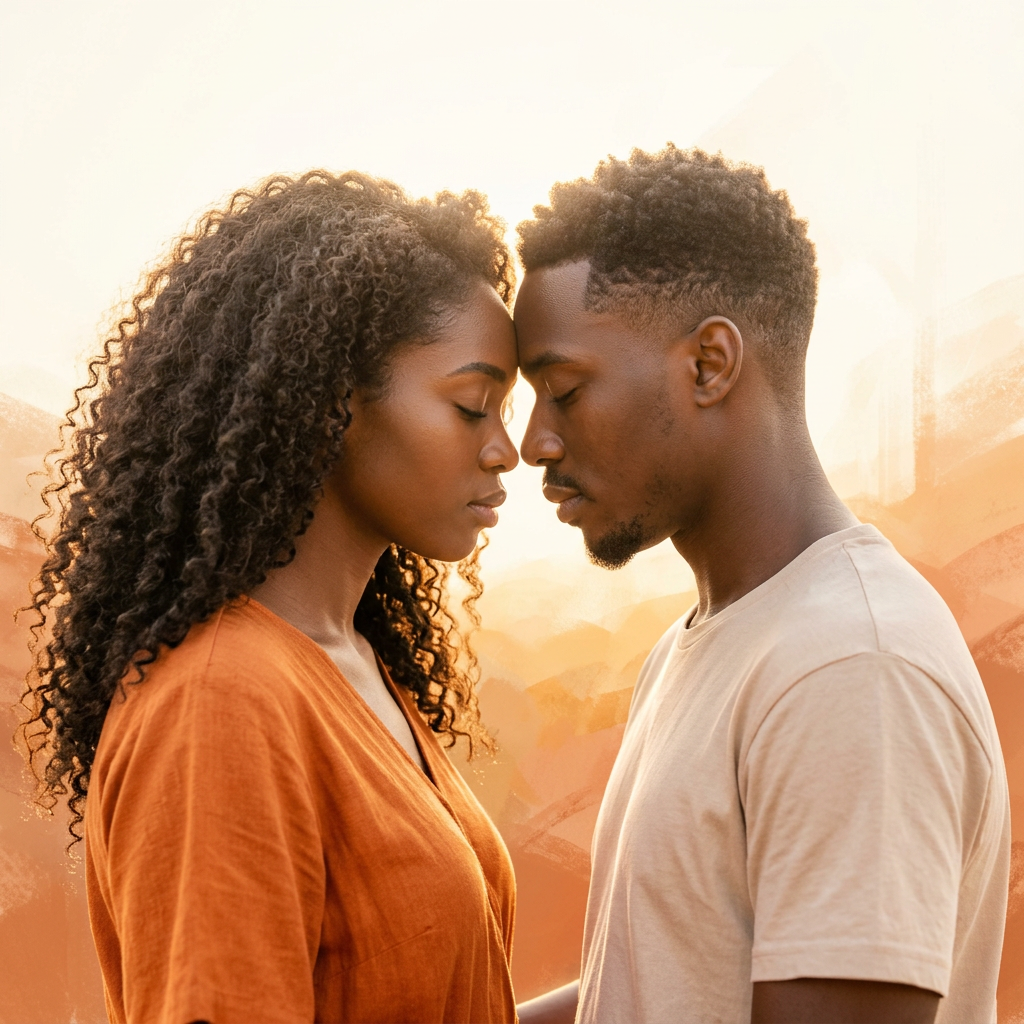 Black couple resting forehead to forehead at golden hour